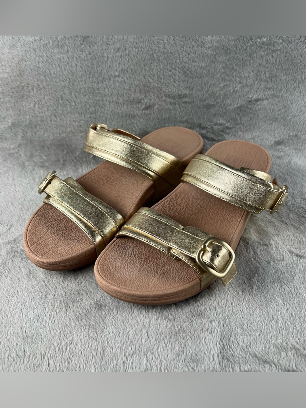 FitFlop F-Mode Shimmerlux Two Bar Wedge Slide Sandals Platinum Gold Women's 8